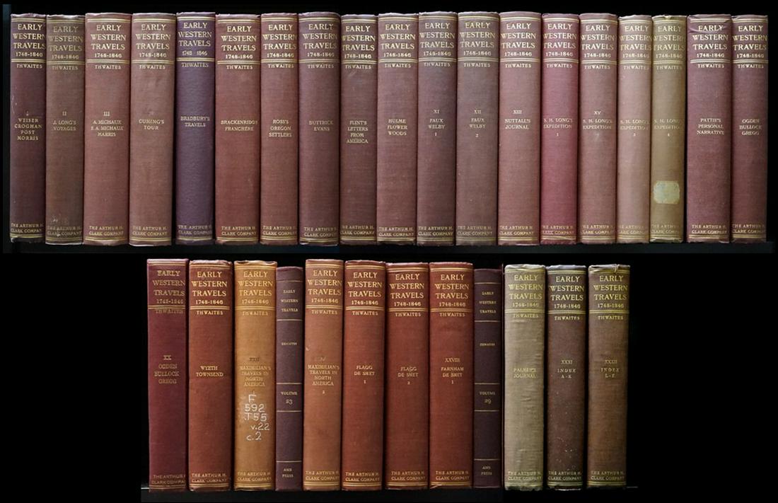 Early Western Journals by Thwaites (31/32 Vols): Early Western Journals 1748-1846 edited by Reuben Gold Thwaites. 1904-1907, volumes 23 and 29 are a 1966 Ames reprint edition. Volumes 20 and 22 are Ex library. Thirty-one of a thirty-two volume set, 