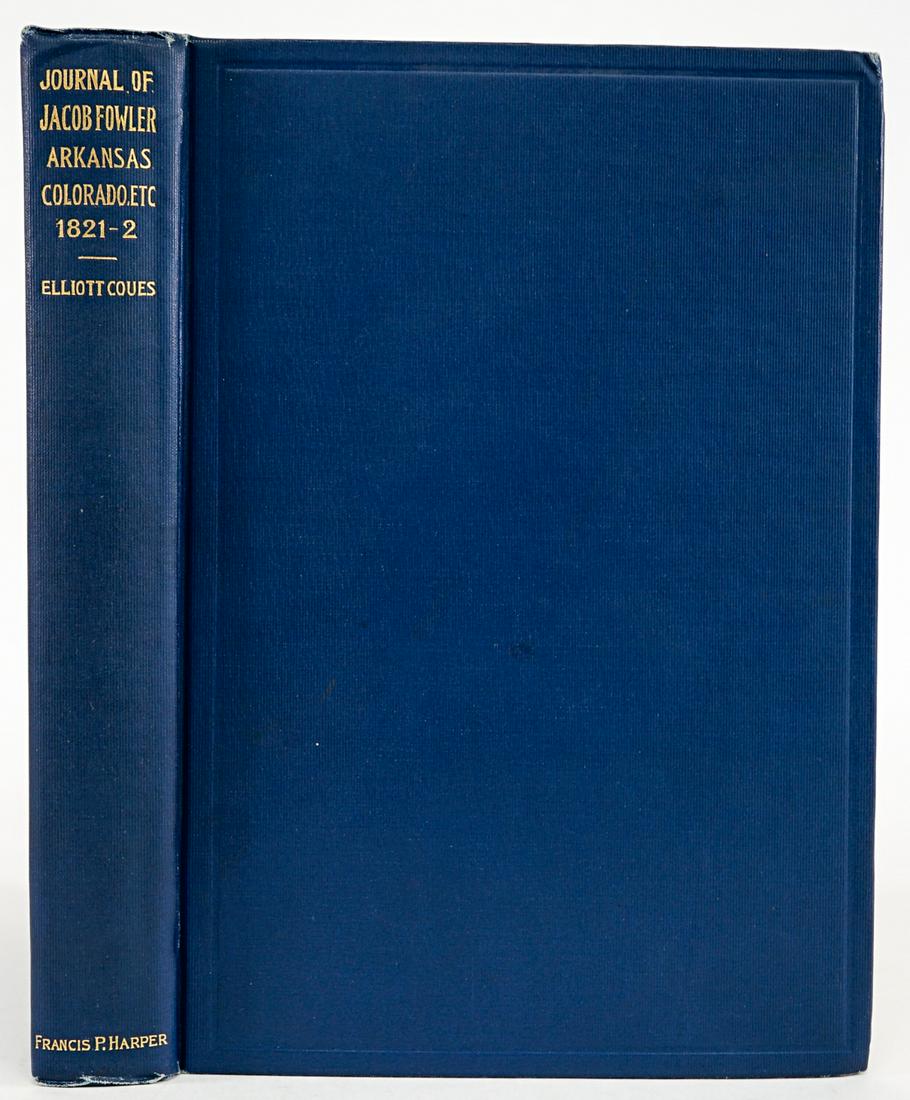 Journal of Jacob Fowler Arkansas Colorado 1/950: Journal of Jacob Fowler by Elliot Coues. Number 608/950. Interior pages EX+/NrMt, covers and spine VG-EX. 1898, measures 9.25-in. x 6.5-in. Provenance: Bob Borcherdt collection. If lot is absent of a