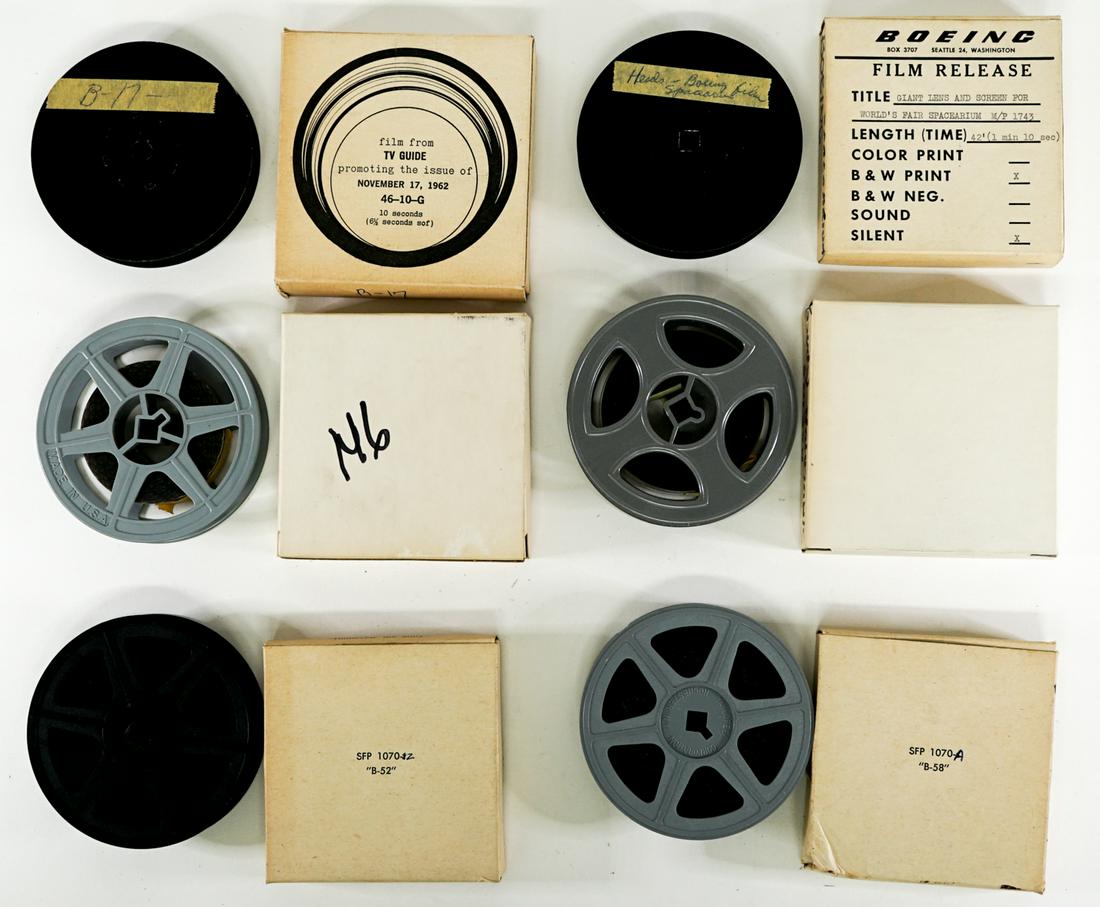 Boeing Vintage 16mm Films (6): Six vintage Boeing 16mm films. 1. Boeing Simulator (Space) on 3.625-in plastic reel with .75-in. of footage. 2. Giant Lens and Screen For World's Fair Spacearium with running time of 1 minute and 10 s