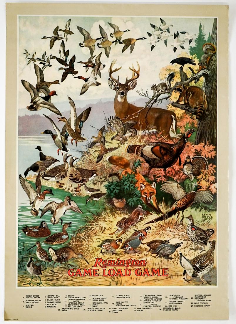 Ammunition Print, 1923 Remington Game Load Game: Ammunition Print, 1923 Remington Game Load Game. Measures 26-in. x 18.5-in. Vg-EX condition with light creases at edges. Unframed, loose and not glued or mounted.. From a non-smoking home and free of 