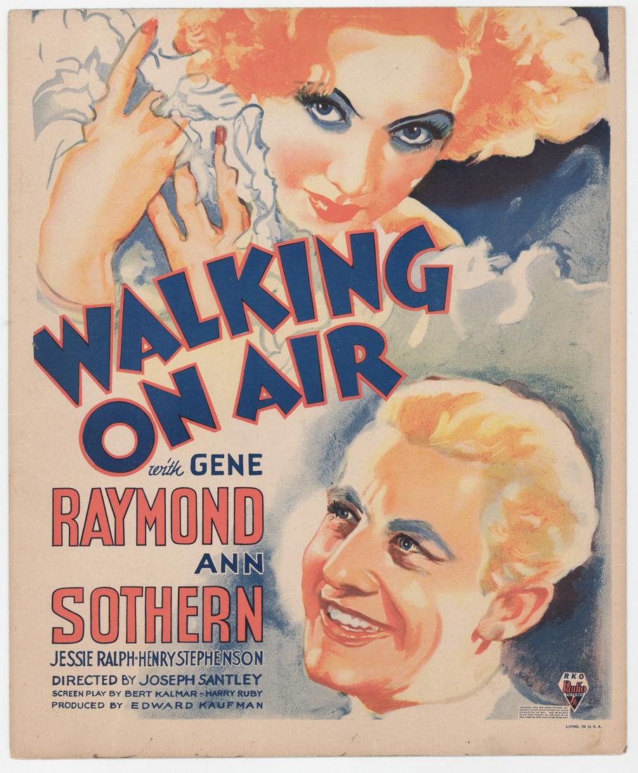 Walking On Air (RKO, 1936) Window Card: Walking On Air (RKO, 1936). Window Card, slightly trimmed, measures 13.875-in. x 17-in. Issued at 14-in. x 22-in. and likely trimmed for framing. VG-EX/EX condition. Unframed, loose and not glued or m