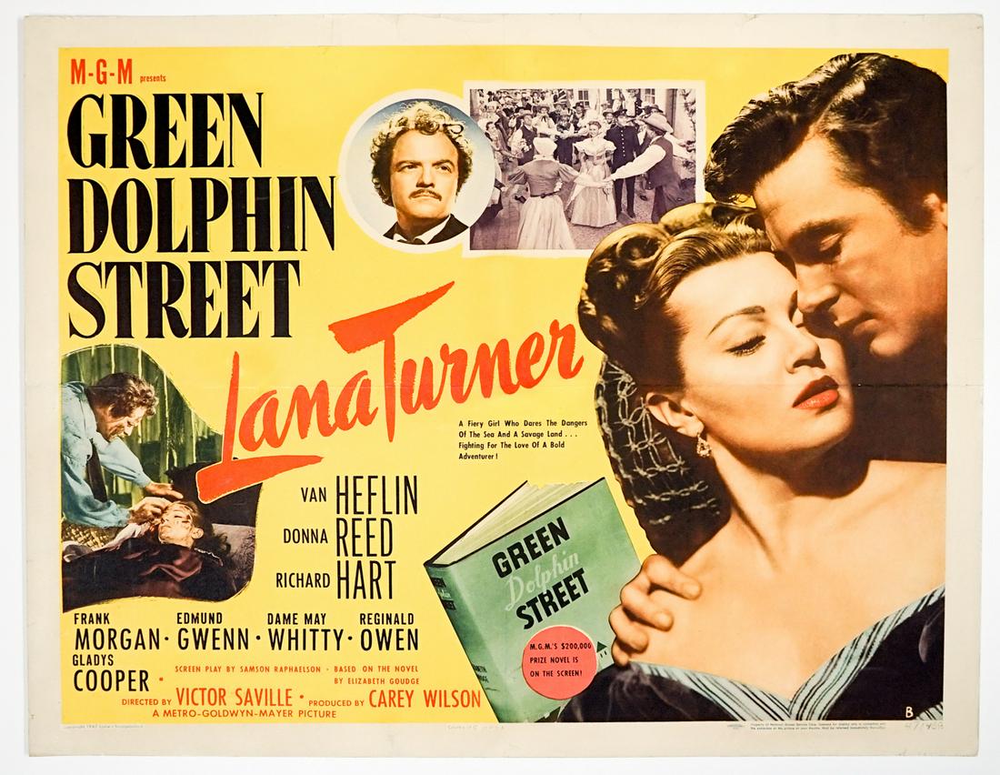 Lana Turner in Green Dolphin Street 1/2 Sheet: Lana Turner in Green Dolphin Street (Loew's, 1947) rare 1/2 sheet movie poster. Measures 22-in. x 28-in. VG/VG-EX condition, was mailed folded. Provenance: Robert Osborne collection. Unframed, loose a