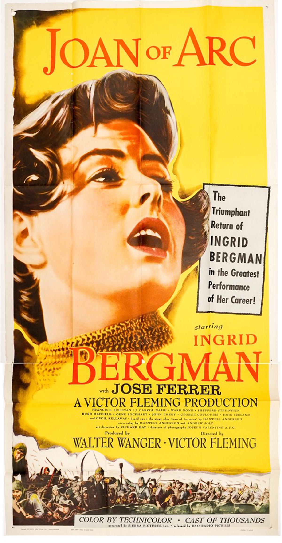 Ingrid Bergman in Joan of Arc 3 Sheet Poster: Ingrid Bergman in Joan of Arc (1948) rare 3 sheet movie poster. Measures 41-in. x 81-in. VG/VG-EX condition, appears to never have been displayed. Provenance: Robert Osborne collection. Unframed, loos