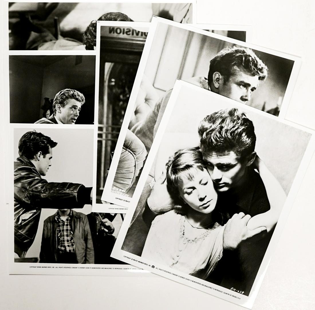 James Dean Publicity Photos (6): Group of six James Dean publicity photos. Warner Bros. Black and white single-weight glossy. Measure 8 in. x 10 in. and 10 in. x 8 in. Provenance: Formerly the personal collection of Robert Osborne, t