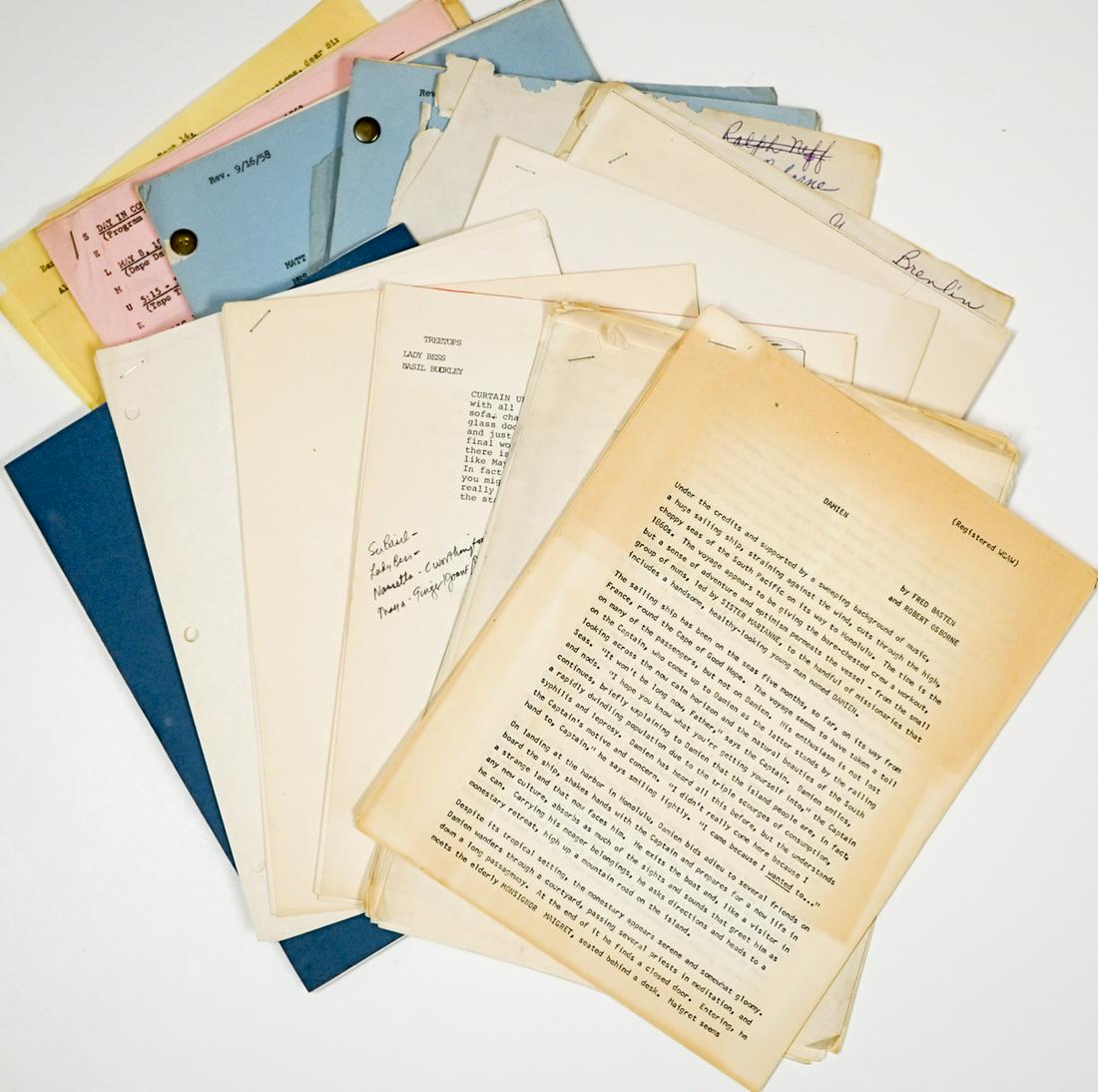 Scripts Robert Osborne; Ruth Gordan and More: Grouping of typed scripts and script ideas. Including 'Charles' by Ruth Gordan, inscribed 'For Merle with love Ruth'; Damien by Fred Basten and Robert Osborne; The Great American Color Musical by Robe
