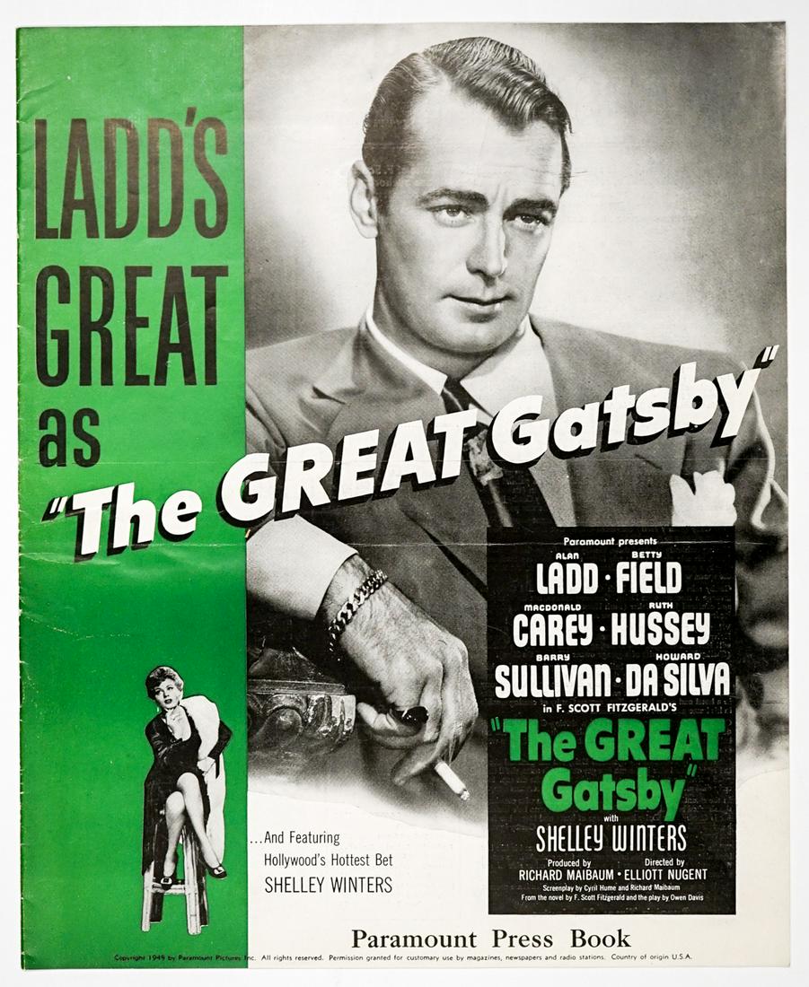 The Great Gatsby (1949) Press Book: The Great Gatsby (Paramount, 1949) rare press book. Measures 15-in. x 12.25-in. and contains 22 pages. VG-EX/EX condition with no clipped, ripped, torn or missing pages. Provenance: Robert Osborne col