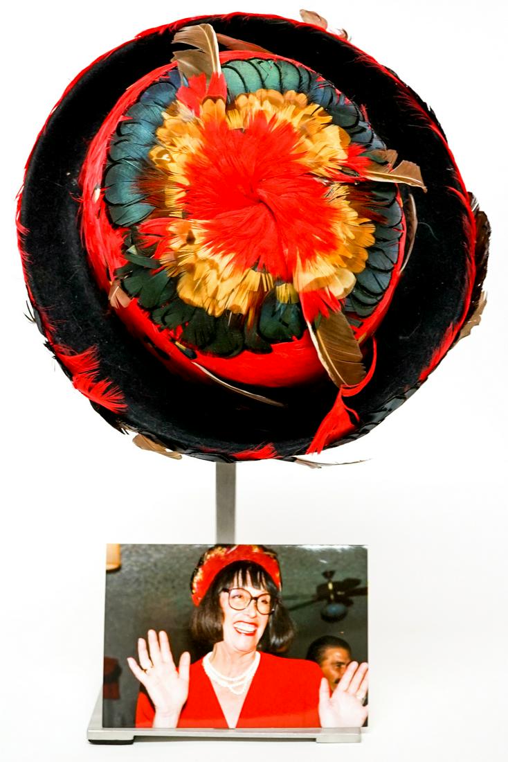 Margo St. James Schiaparelli Feather Hat: [Women's Movement, Prostitution] From the Margo St. James collection, Margo's Schiaparelli hat with box and photos of her wearing the hat. Provenance: Margo St. James Collection. Margo St. James, Foun