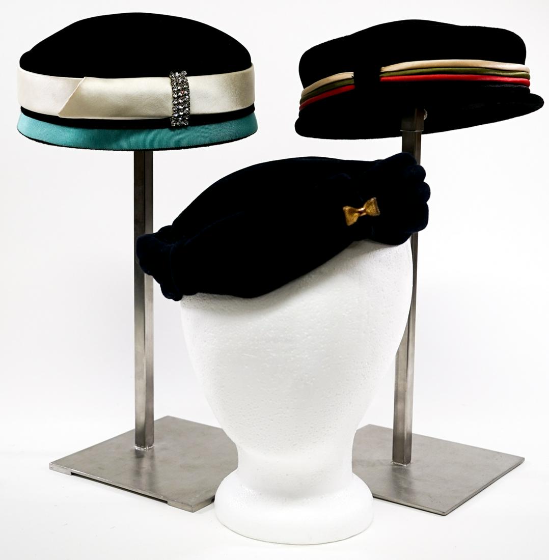 Margo St. James Hats (3): [Women's Movement, Prostitution] From the Margo St. James collection, three hats. Includes a Diana velour, Aurore Made in France and Brandt, Body Made in France. Excellent condition. Provenance: Margo