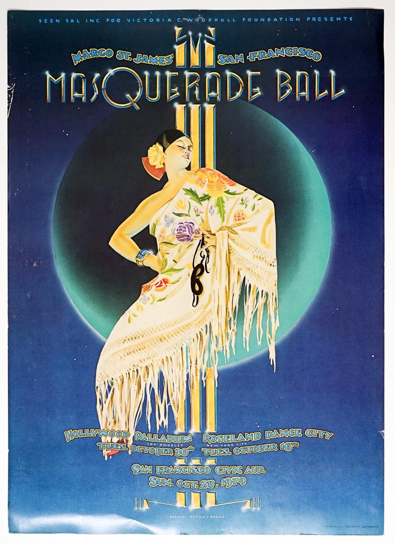 Margo St. James' 1979 Masquerade Ball Poster: [Women's Movement, Prostitution] From the Margo St. James collection,1979 Masquerade Ball poster. Measures 28.25 in. x 20.25 in. VG/VG-EX condition. Provenance: Margo St. James Collection. Margo St. J