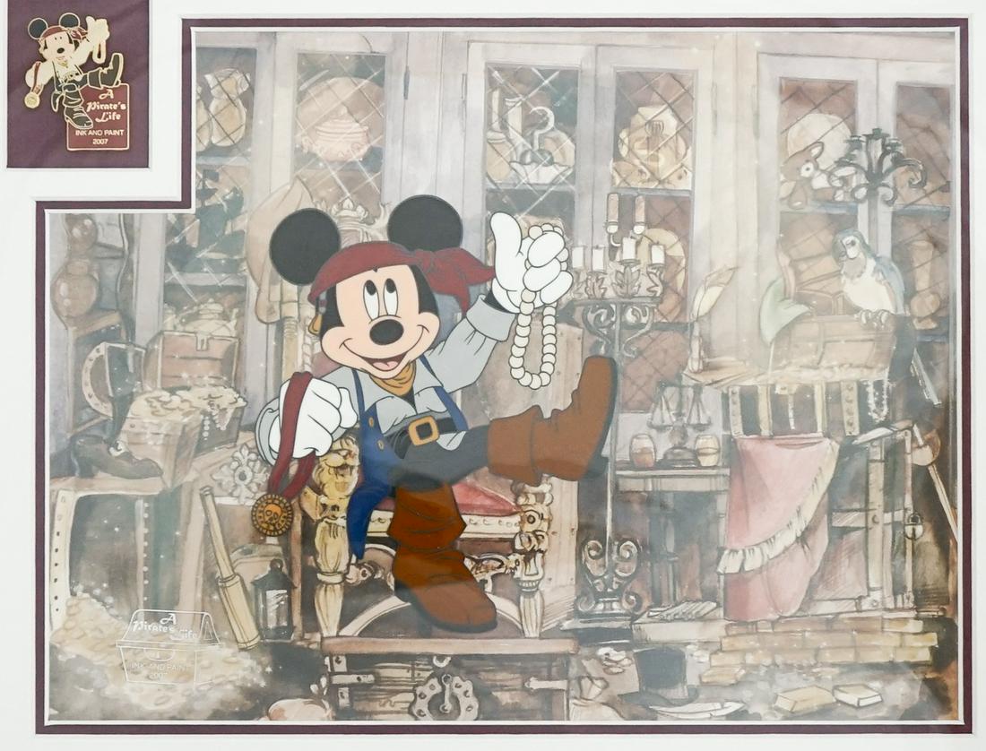 Walt Disney Limited Ed. Mickey Mouse Pirates Life: Walt Disney Limited Edition Mickey Mouse A Pirate's Life Ink and Paint 2007 Sericel. Includes A Pirates' Life pin and a Postcard signed by all 7 artist's and the Sericel was an edition of 2500. NrMt/M