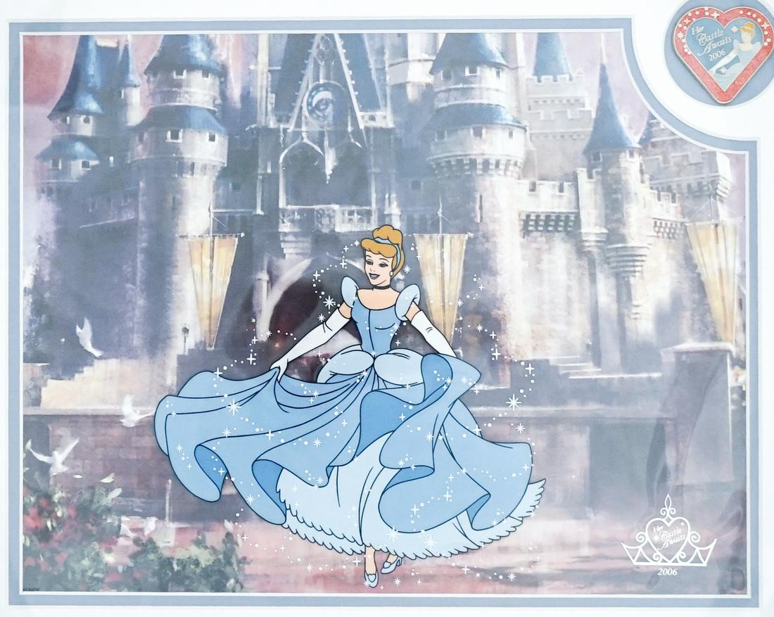 Walt Disney Limited Ed. Cinderella Cel, Pin: Walt Disney Limited Edition Cinderella The Castle Awaits 2006 Cel and pin. Includes The Castle Awaits pin and a Postcard signed by all 7 artist's and the Sericel was an edition of 2000. NrMt/Mt condit