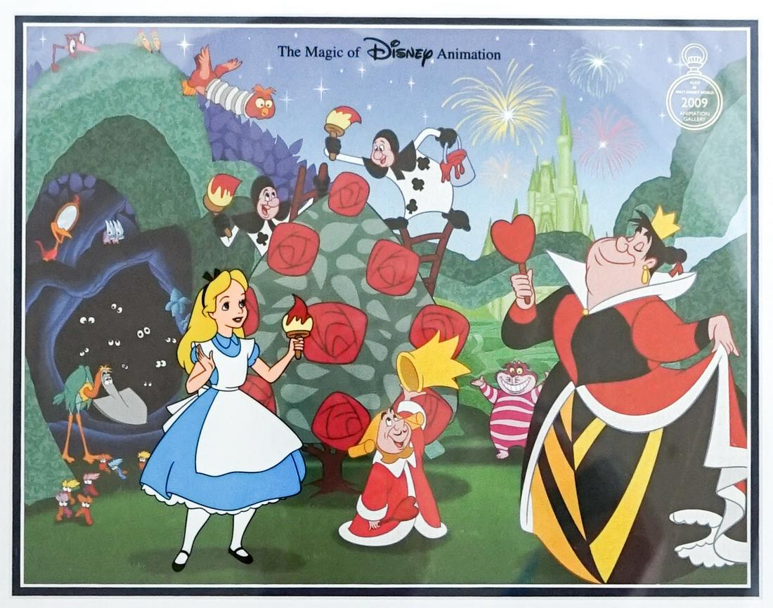 Walt Disney Limited Ed. Alice in Wonderland: Walt Disney Limited Edition Alice In Wonderland "Alice in Walt Disney World" 2009 Animation Gallery. Includes Alice In Walt Disney World pin and a Postcard signed by all 7 artist's. This cel was an ed