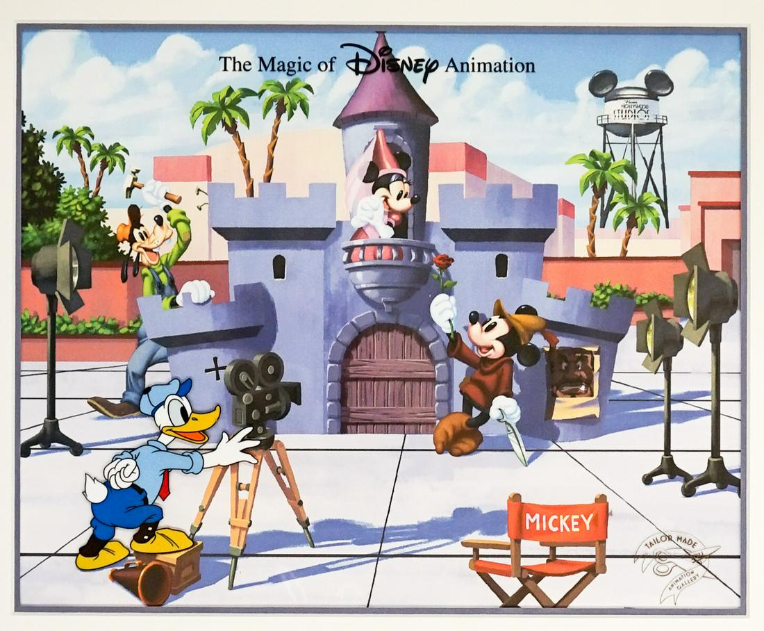 Walt Disney Limited Edition Tailor Made Cel Pin PC: Walt Disney Limited Edition Mickey Mouse and Donald Duck Tailor Made 2012 Cel, pin and signed postcard. Cel was an edition of 1000. NrMt/Mt condition. Measures 21.25-in. x 17-in. Gallery Framed with C