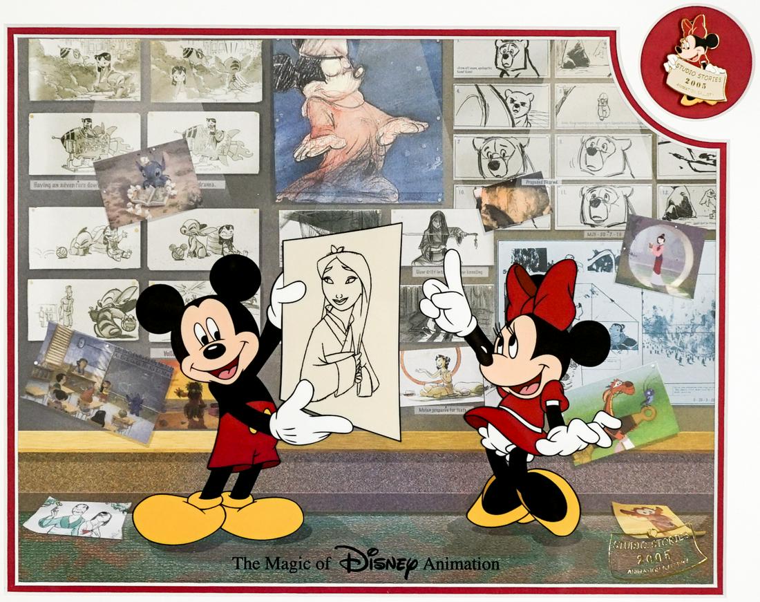 Walt Disney Limited Edition Studio Stories 2005: Walt Disney Limited Edition Mickey Mouse and Minnie Mouse "Studio Stories" 2005 Animation Gallery. Includes cel, pin and a signed Postcard. NrMt condition. Measures 14.25-in. x 17.25-in. Gallery Frame