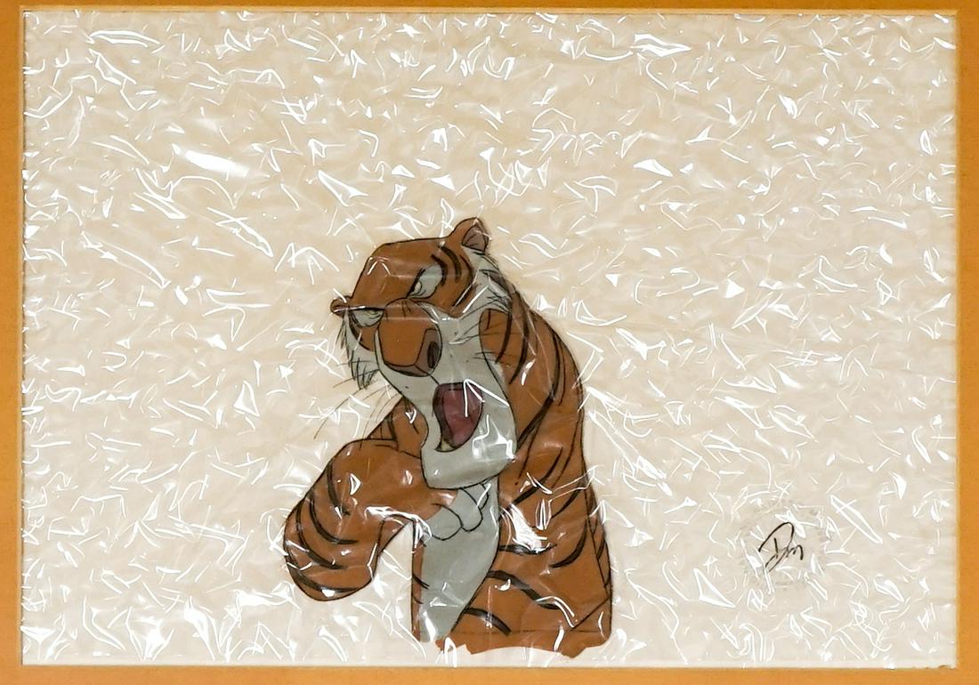 'Jungle Book' Original Production Cel 'AS IS': Walt Disney 'Jungle Book' original hand painted production cel. 'AS IS', the cel has crinkled. Shere Khan the Tiger. Measures 10 in. x 14 in. sight size and 18.25 in. x 22.25 in. with frame. Provenanc