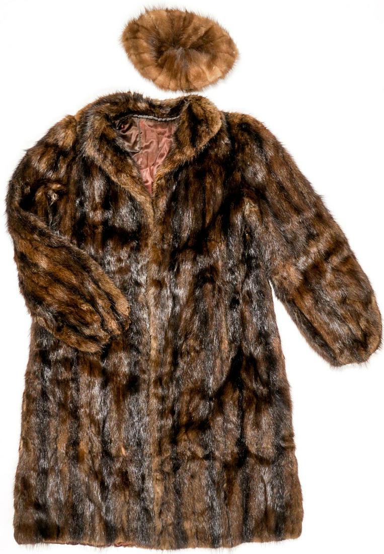 Margo St. James Fur Hat and Coat (2): Margo St. James Fur Betmar Beret Hat and Unlabeled fur coat. Type of fur unknown. Hat measures 8 inches across at opening. Fur likely woman's small, measures 18 in. across at shoulders; length 41 inch