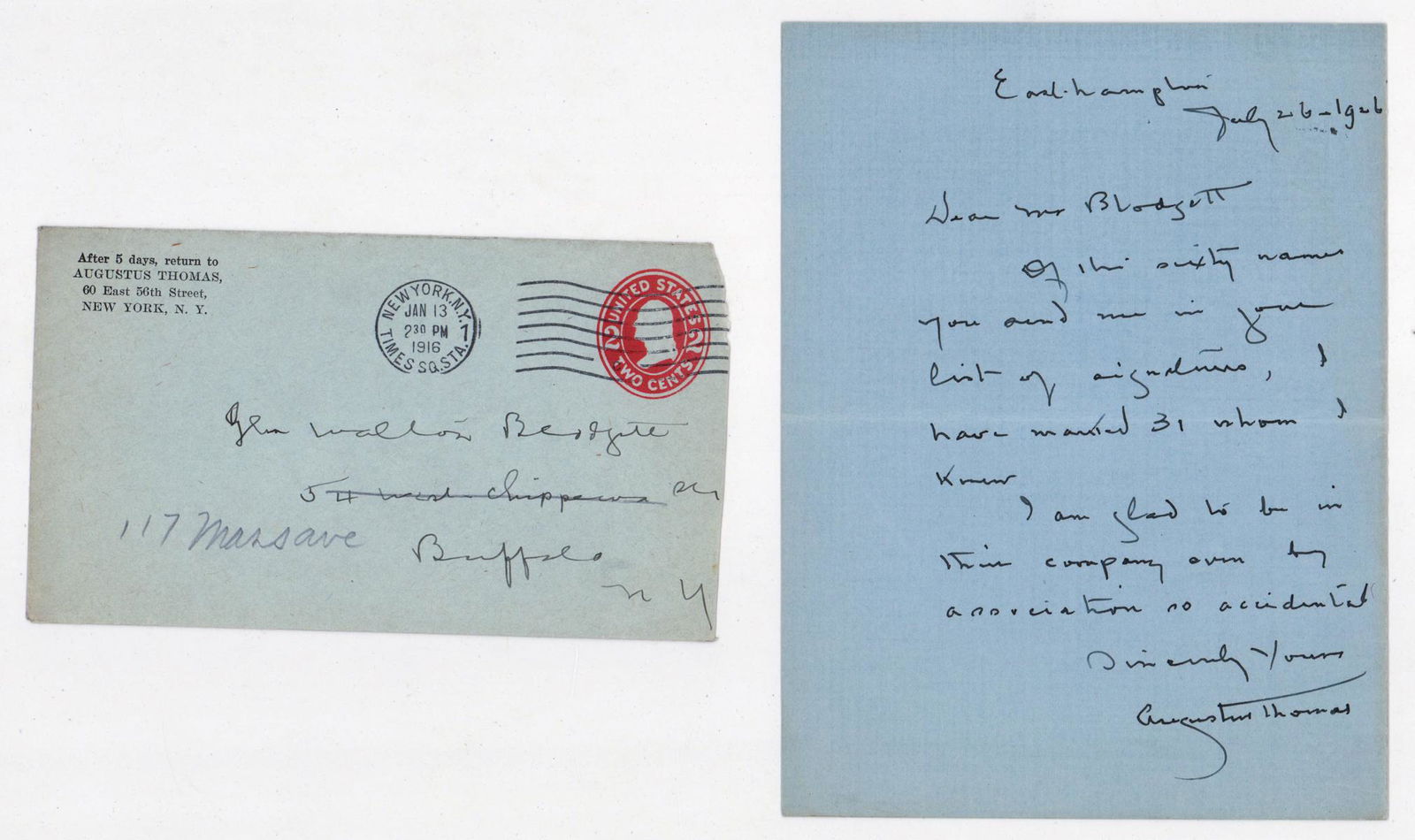 Augustus Thomas ALS: Augustus Thomas (1857-1934) ALS. Thomas was an American playwright. Measures 7-in. x 5.375-in. Excellent condition, has been stored folded in original envelope as mailed. We ship most items in this au