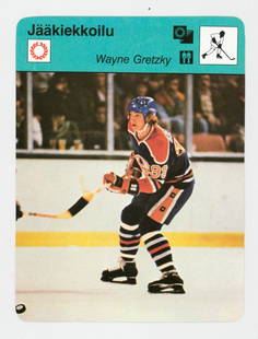 Wayne Gretzky Finnish 1979 Sportscaster Card: Wayne Gretzky Finnish 1979 Sportscaster rookie year card. Measures 6.25-in. x 4.75-in. NM/NM-MT. Grading is provided as a courtesy only and is not a guarantee if professionally graded and receives a d