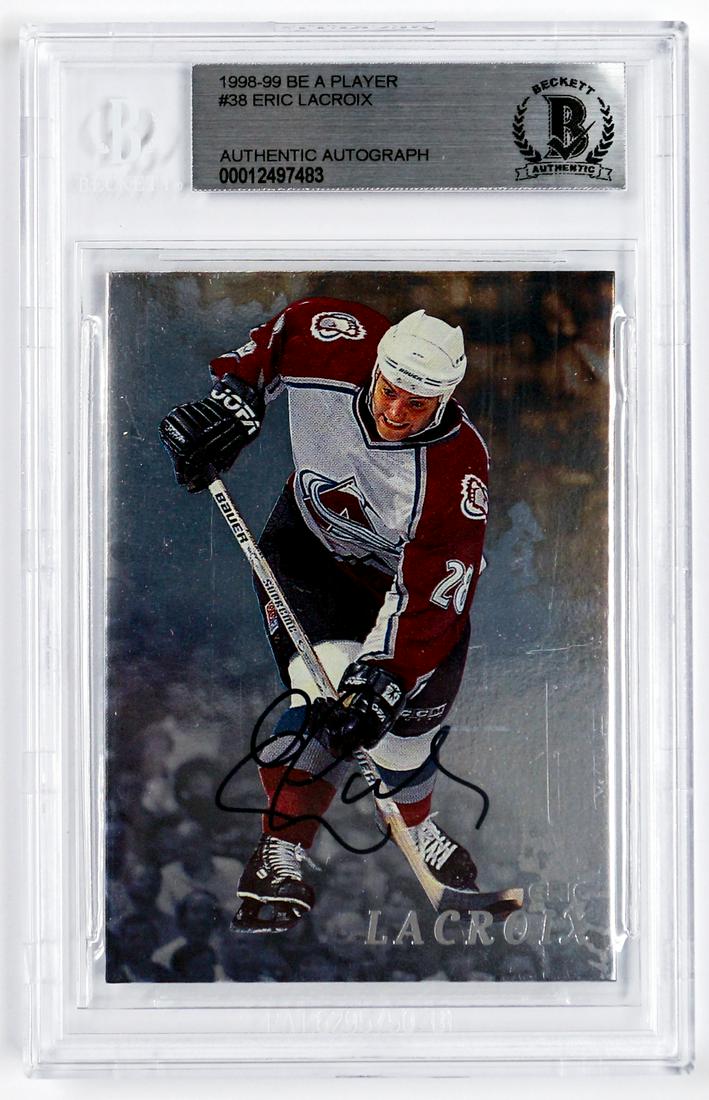 Eric Lacroix Be A Player Signed Hockey Card: Eric Lacroix 1998-99 Be A Player #38 signed hockey card. Card appears to be in NM-MT/MT condition or better. Autograph appears to be Mint/Gem Mint condition. Card was placed in a penny sleeve and top 