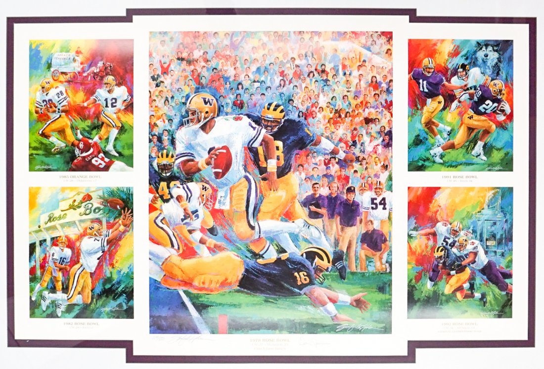 UW Don James Rose Bowl Lithograph Signed LTD: University of Washington Husky Coach Don James 'Rose Bowl' commemorative lithograph pencil signed 'Don James' lower right and by the artist 'Sanford Holien' lower left. Pencil numbered 109/500. Framed