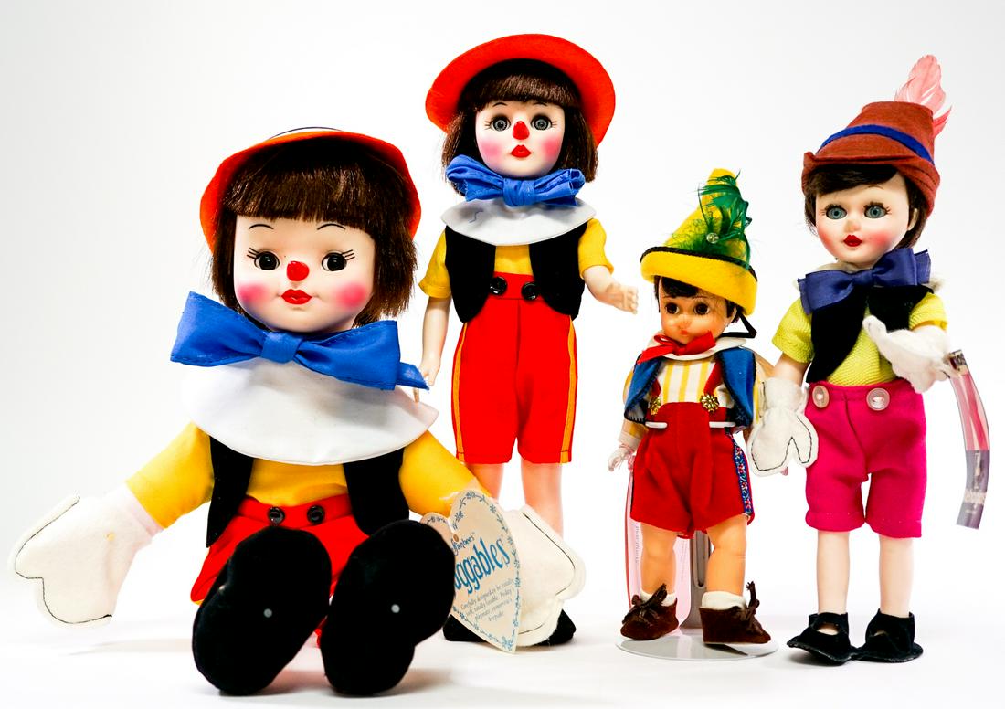 Vintage Pinocchio EFFANBEE and More (4): Collection of two Effanbee Pinocchio dolls; one Kehagias Pinocchio doll and one Madame Alexander Pinocchio doll. Measure 10 in. to 13 in. tall. Provenance: Private Collection Missoula, Montana. If lot