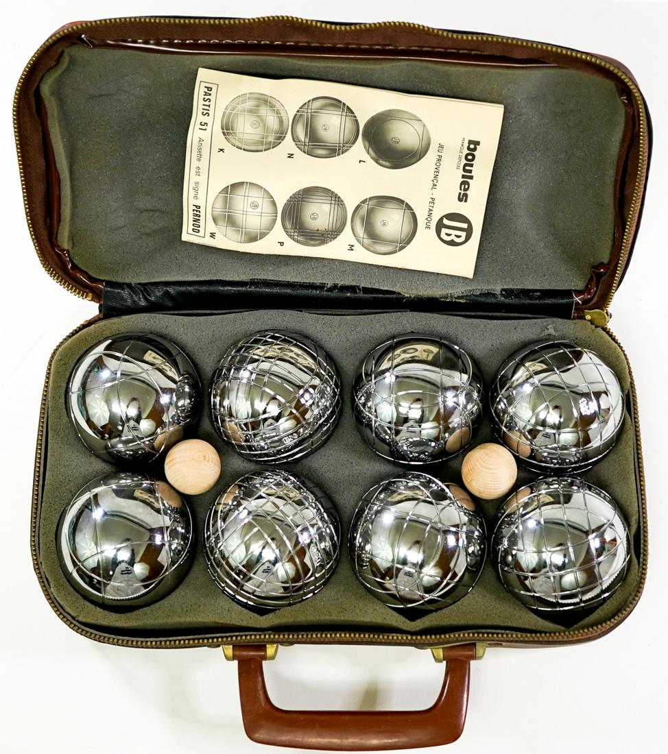 Vintage 'JB' Boules Marque Deposee Set: Vintage 'JB' French Boules Pentanque Marque Deposee Set. Contains 8 chrome balls and 2 jacks with case. Measures 13 in. x 7 in. in case. Provenance: Estate of former United States of America governmen