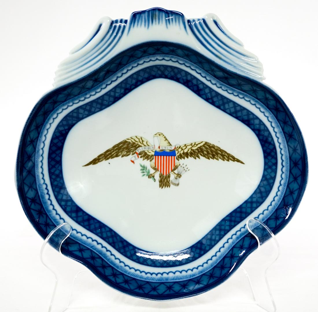 Mottahedeh American Eagle Dish: Mottahedeh Diplomatic American Eagle Dish. Measures 8.25 in. across. Provenance: Estate of former United States of America government employees, gifted while serving at The White House. If lot is abse