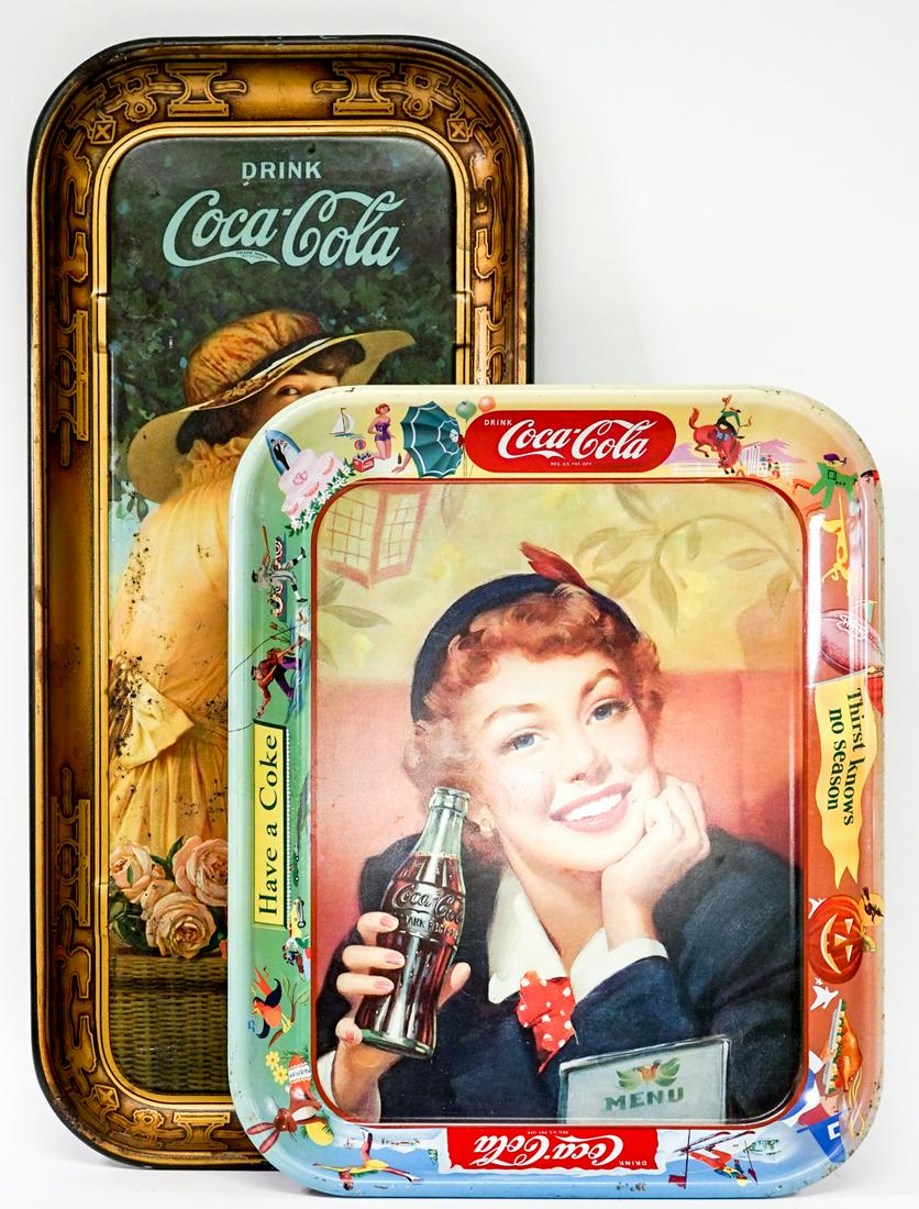 Vintage Coca Cola Trays (2): Two vintage Coca-Cola Trays. Measure 13 in. - 19 in. x 8.25 in. - 10.25 in. Provenance: Gatz Hjortsberg (American Novelist) Collection, Livingston, Montana. If lot is absent of a condition report a co