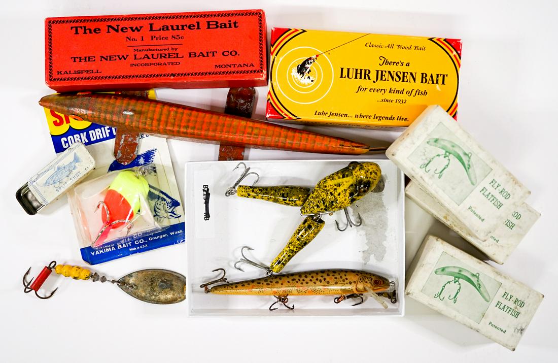 Vintage Fishing Lures (10) and More: Collection of ten vintage fishing lures and one empty 'Split Shot' slider tin. Provenance: Gatz Hjortsberg (American Novelist) Collection, Livingston, Montana. If lot is absent of a condition report a