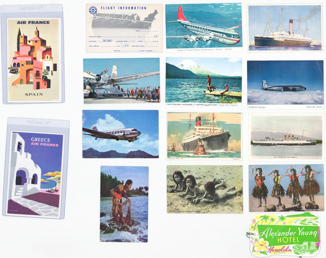 [Hawaii, Airlines, Travel] Postcards, Ephemera 14: [Hawaii, Airlines, Travel] postcards and ephemera (14). If lot is absent of a condition report a condition report may be requested via email. Condition report is provided as an opinion only and is no 