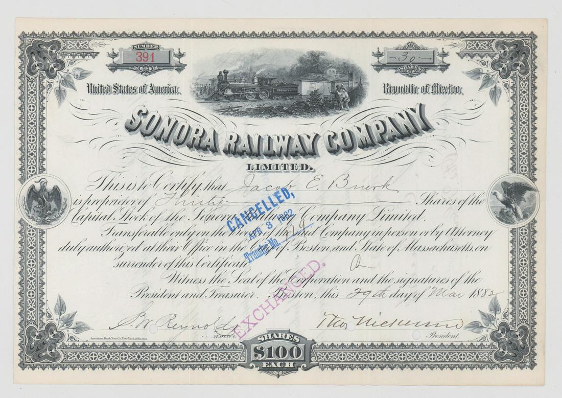 7001882 Sonora Railway Company Stock Certificate: Measures approximately 7.5-in. x 10.875-in. VG/VG-EX condition. We ship most items in this auction in house and gladly combine shipping if possible of multiple items. Provenance: David Cressey Collect