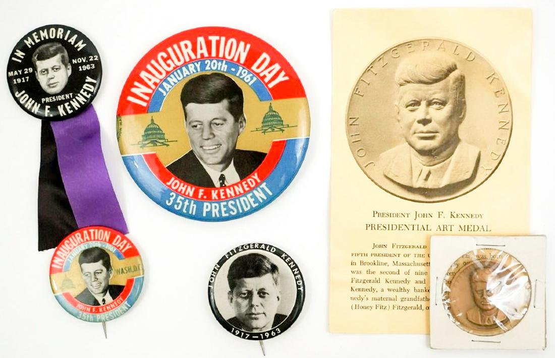 JFK John F. Kennedy Original Buttons and Medal: Estate collection, five John F. Kennedy original vintage pinback buttons and art medal. Measure 1 1/4" x to 3 7/16". If lot is absent of a condition report a condition report may be requested via emai