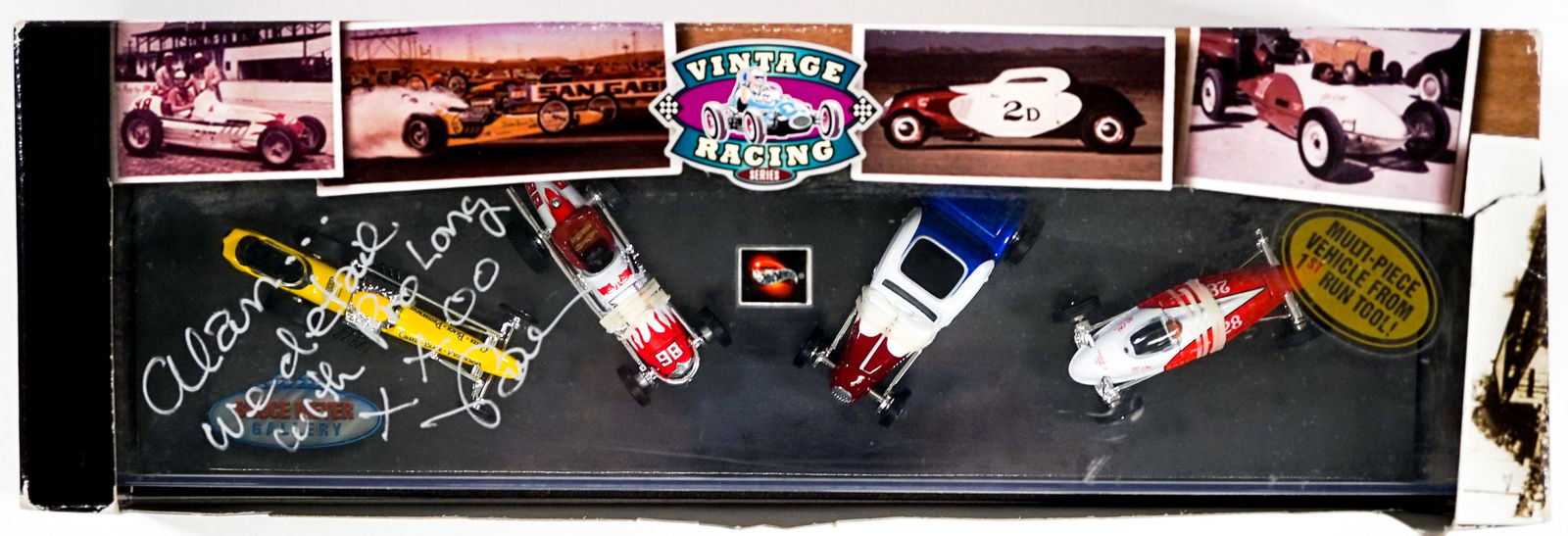 Hot Wheels Bruce Meyer Gallery (4) Car Set: Hot Wheels Bruce Meyer Gallery (4) Car Set. 2001. Mint in box (note box is torn at top upper right). Owner inscription in white top side of box. Measures 12 in. x 3.75 in. x 3.75 in. If lot is absent