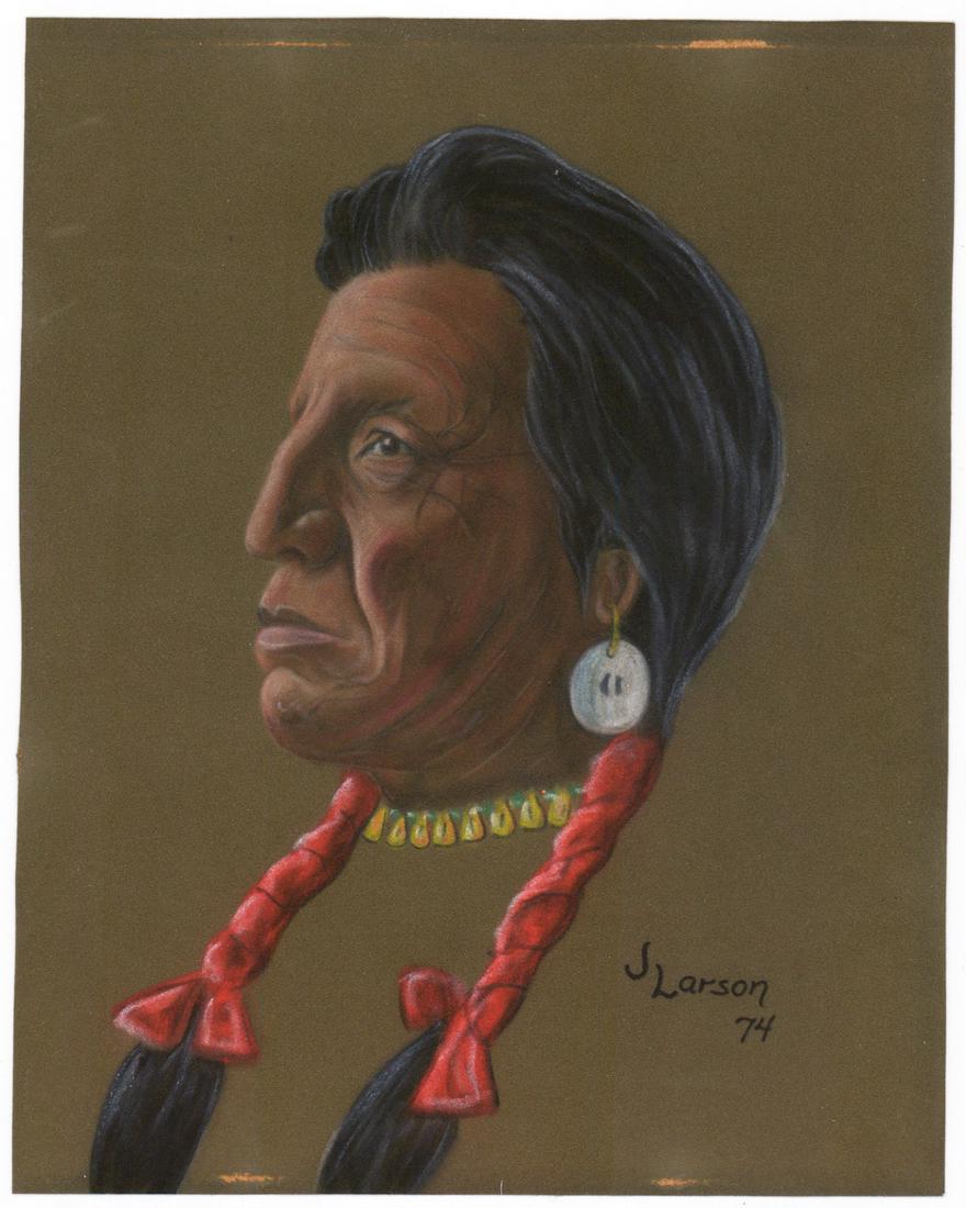 Jerry J. Larson Original Pastel: Jerry J. Larson (American, Montana) original pastel on paper. Signed 'J. Larson 74' lower right. Sheet measures 10 n. x 8 in. If lot is absent of a condition report one may be requested via email. Con