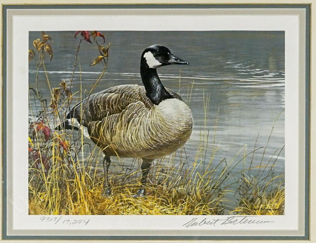 Robert Bateman Bird Art Stamp LTD 1987: Robert Bateman Bird Art Stamp limited edition twice signed. 1987. Signed in pencil lower right and signed on the edge of the stamp on the left. Numbered 9317 of 17295. Image sizes measure 7.5 in. x 10