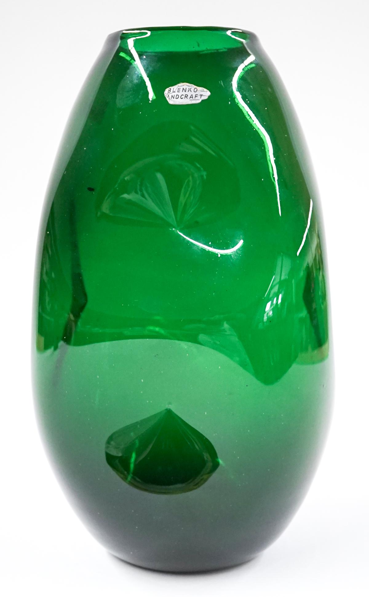[Blenko] Mid-Century Dimple Glass Emerald Vase: Blenko (or other maker) mid-century glass emerald green dimple vase. Measures at base 4 in. diameter with a total height of 14 in. No chips, cracks or repairs. Provenance: Tri-Cities, Washington priva