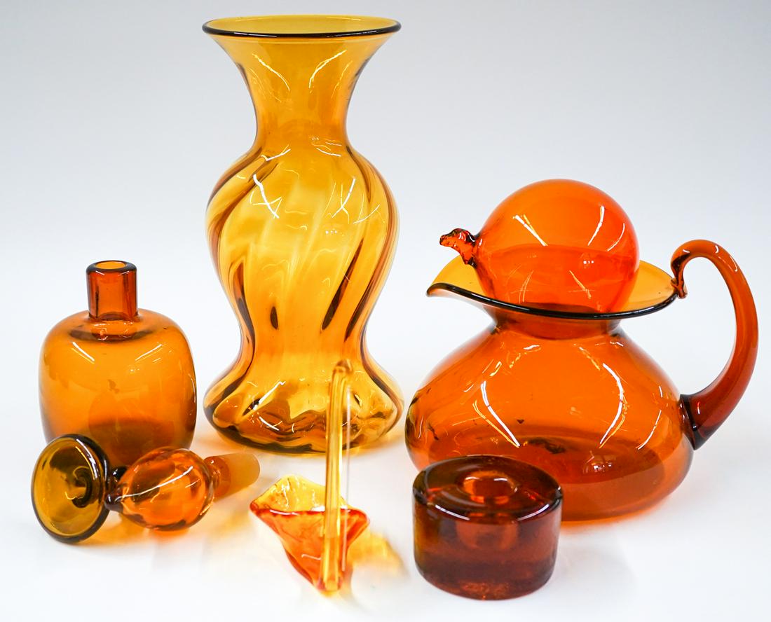 [Blenko] Mid-Century Glass Assortment (8): Collection of eight Blenko (or other maker) mid-century glass assortment. Note stoppers do not fit any pieces and 'Swan' nose may be chipped at end. Measure from 2 in. to 10.5 in. tall. Provenance: Tr