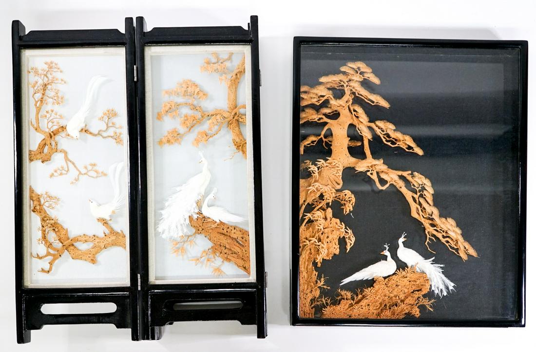 Chinese Carved Cork Table Screen and Sculpture: Chinese carved cork table screen and sculpture in shadowbox frame. Shadowbox frame measures 14.5-in. x 11.75-in. x 1.5-in. Table screen measures 15.75-in. x 24-in. No damage on either. If lot is absen