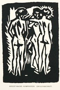 August Macke Linocut 1918 Das Kunstblatt: August Macke Linocut in 1918 Das Kunstblatt magazine. Placed as first interior page and created on thick paper, paper much thicker than the pages of the magazine. Measures 4.75-in. x 3.5-in. image siz