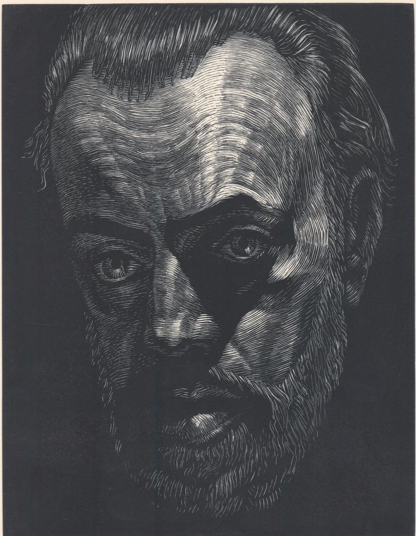 Victor Delhez (Belgium, Argentina 1902-1985): Victor Delhez (Belgium, Argentina 1902-1985) signed wood engraving "Self-Portrait". Measures 11.75-in. x 9-in. plate size and 13-in. x 10.5-in. sheet size. Hinge-mounted at top corners only. Excellent