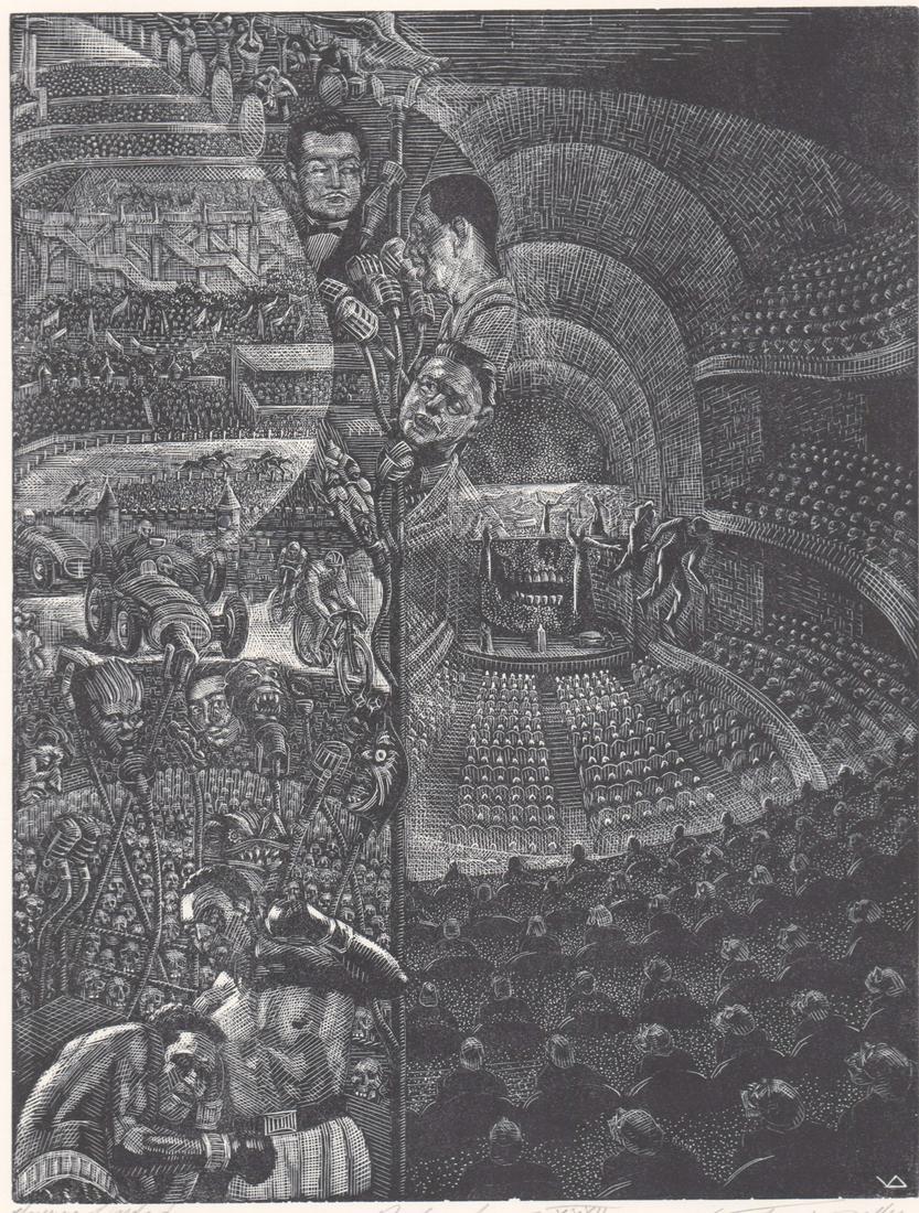 Victor Delhez (Belgium, Argentina 1902-1985): Victor Delhez (Belgium, Argentina 1902-1985) signed woodcut engraving. Measures 11.75-in. x 9-in. plate size and 13-in. x 19-in. sheet size. Hinge-mounted at top corners only. Excellent condition. If 