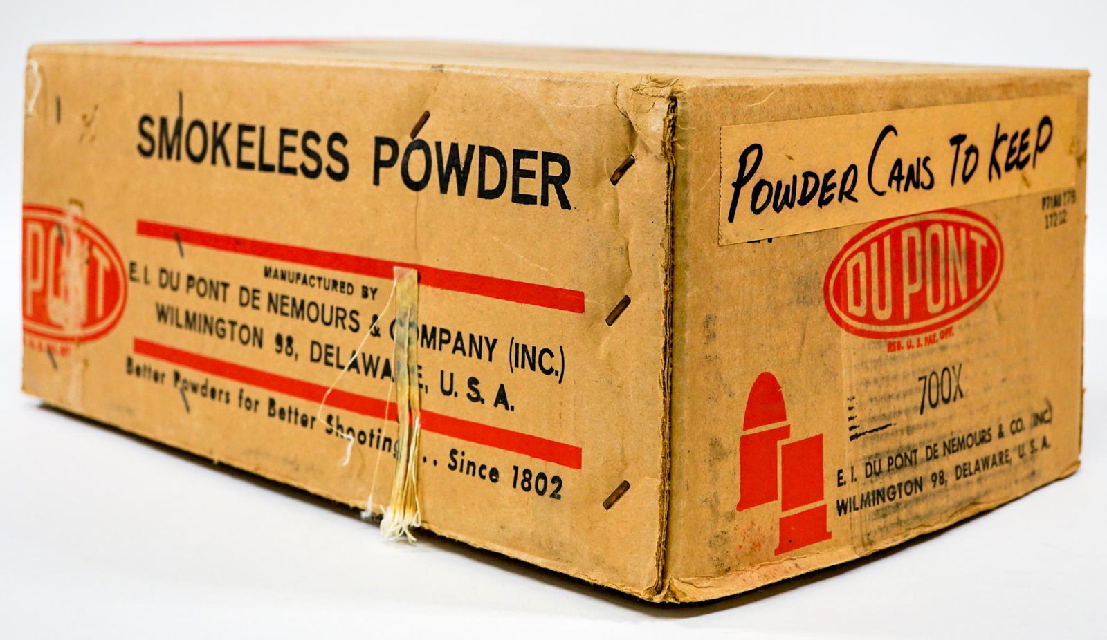 Vintage Smokeless Powder Tins (23): Collection of twenty-three vintage smokeless powder tins. Box measures 16 in. x 10 in. x 6.5 in. From a non-smoking home and free from any odors. Provenance: Bob Borcherdt collection. Bigfork, Montana