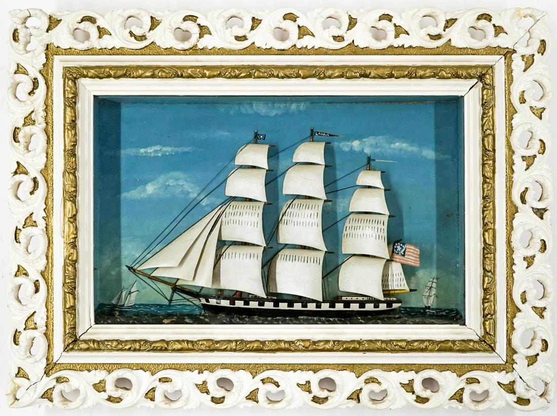 19th Century Diorama American Ship Framed: 19th Century Diorama of an American Ship Framed. Image measures 9.25 in. x 15 in. and the frame measures 16.5 in. x 22.25 in. x 2.5 in. If lot is absent of a condition report one may be requested via 