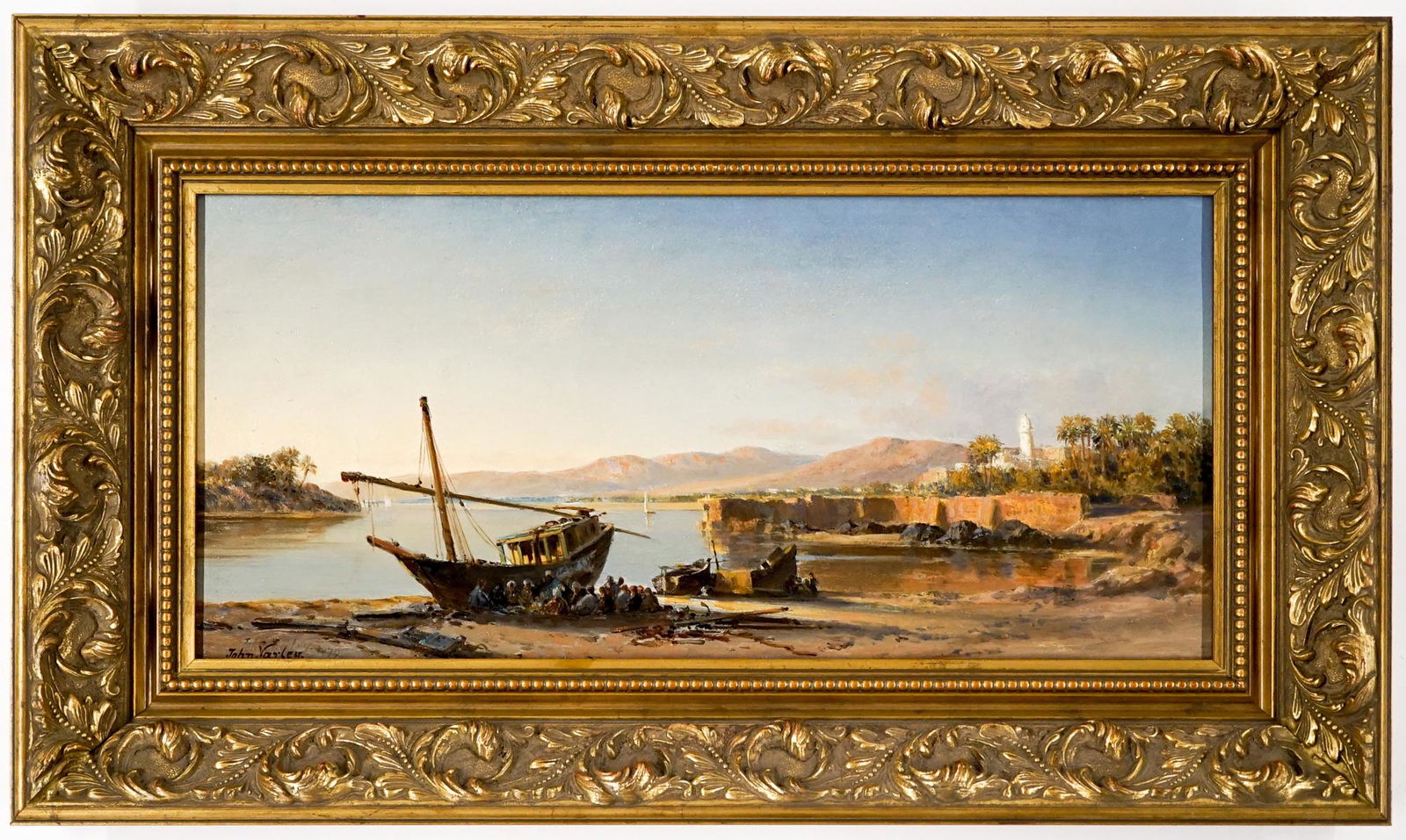 John Varley Oil on Canvas [Harbor]: John Varley (British, 1778-1842) oil on canvas. Image measures 23 cm x 48.5 cm (9 in. x 19 in.) and the frame measures 24.375 in. x 14.375 in. x 2 in. If lot is absent of a condition report one may be