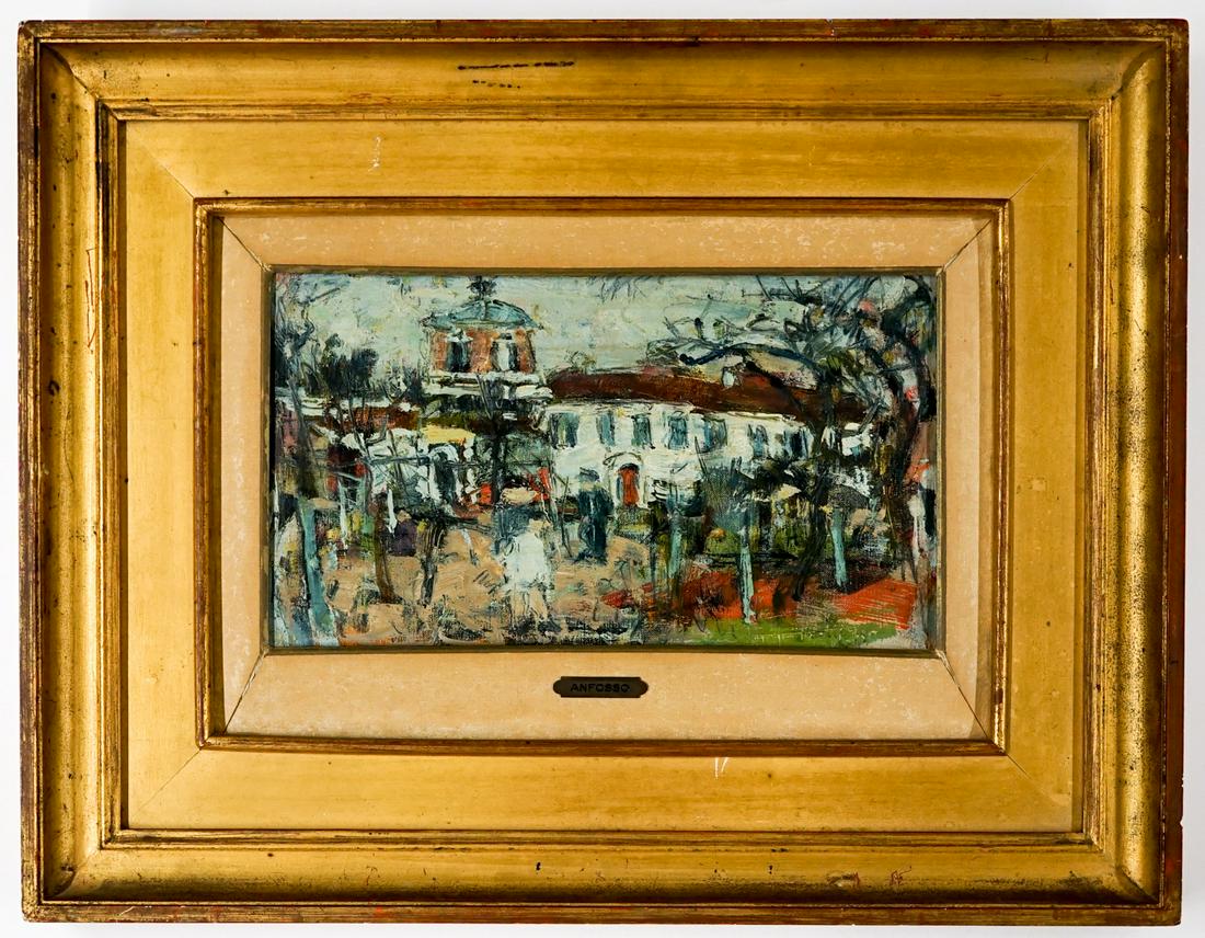 Pierre Anfosso Oil on Canvas [Village]: Pierre Anfosso (French, 1928-2004) oil on canvas. Untitled. Image measures 19 cm x 33 cm (7.5 in. x 13 in.) and frame measures 16.675 in. x 21.75 in. x 1.5 in. If lot is absent of a condition report o