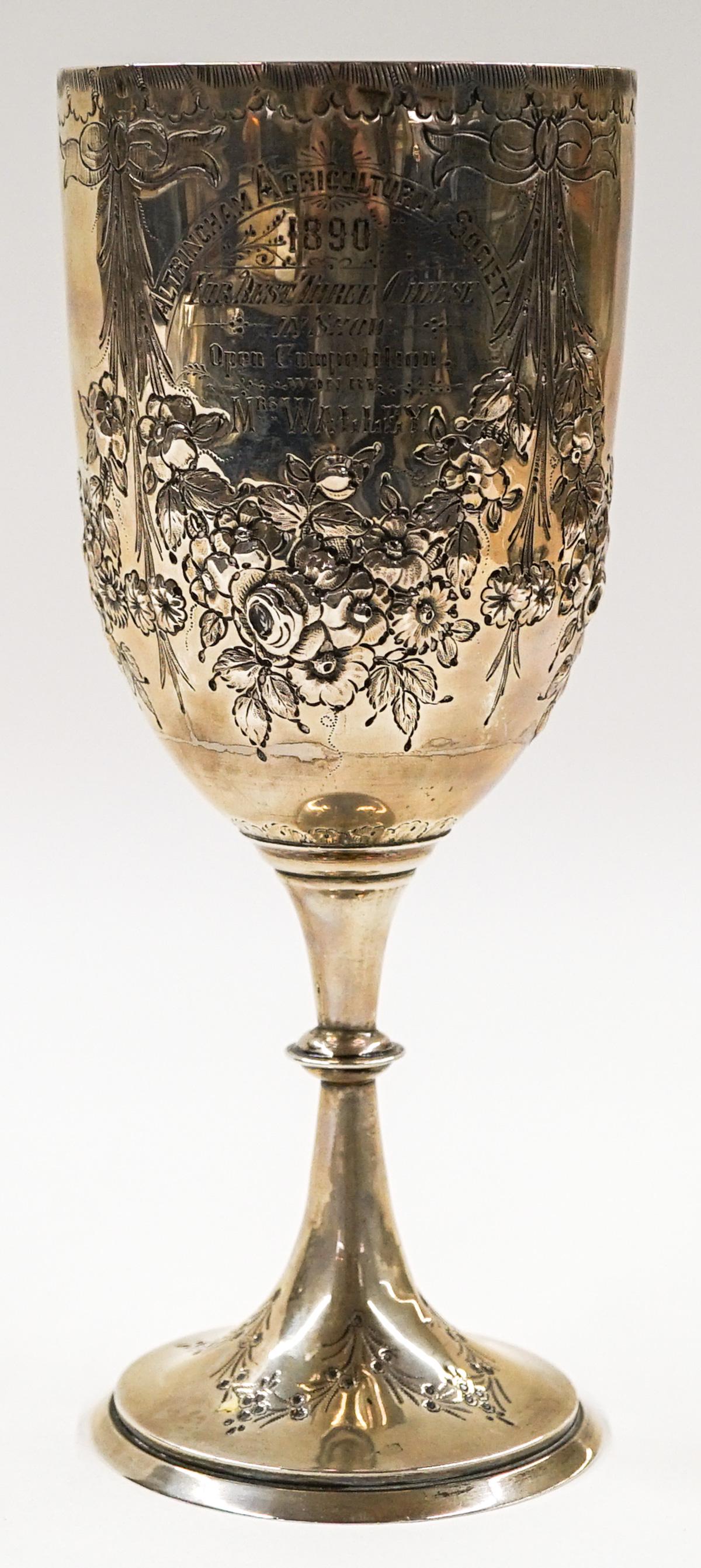 George Unite 1888 Sterling Presentation Goblet: George Unite 1888 Sterling presentation goblet. Measures 8.25-in. tall x 3.375-in. Weighs 241 grams. Very good to excellent condition. If lot is absent of a condition report one may be requested via e