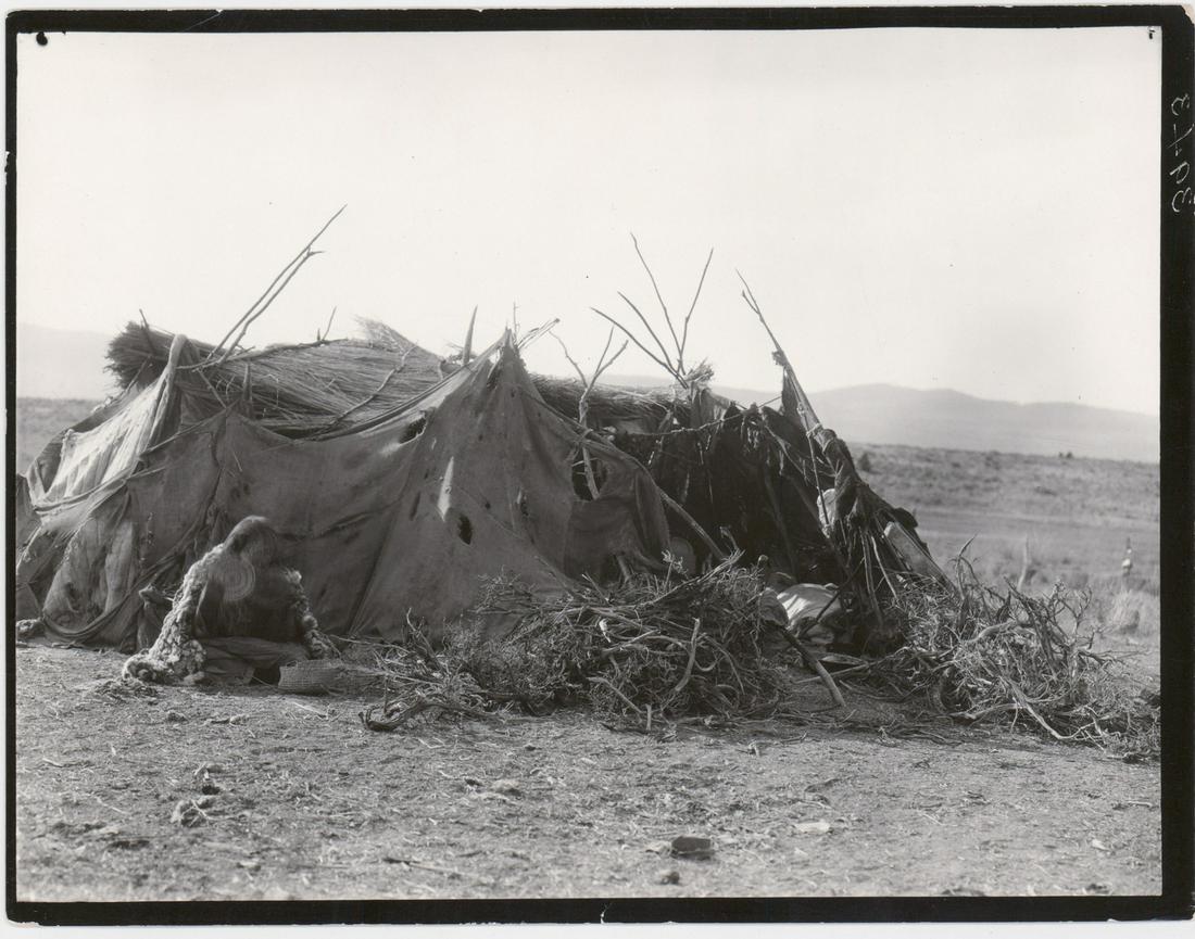 Edward Curtis Original Photograph [Summer Hut]: Edward S. Curtis (American, 1868-1952) original photograph taken in the field titled 'Summer Hut'. Number '3943' and 'Achomawi 1923' is written on verso with the title. Double weight paper with glossy