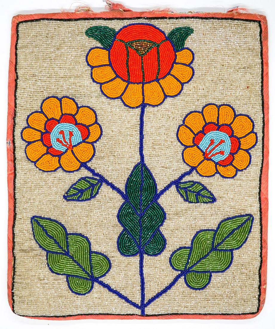 Native American Old Plateau Beaded Bag: Native American vintage or antique Plateau beaded bag. Measures 12-in. x 10.5-in. Piping is frayed at the top, overall goo condition. If lot is absent of a condition report one may be requested via em