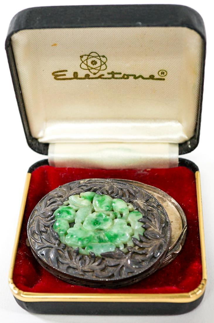 LIU Old Chinese Silver Export Compact Jade: An old Chinese export Liu signed compact with jade on cover. Hinges are broken and mirror is missing. If lot is absent of a condition report one may be requested via email. Condition report is provide