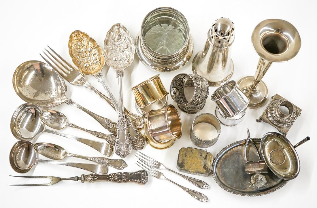 Silverplate (30) Coasters, Napkin Rings and More: Collection of over thirty vintage silverplate items. Includes napkin rings, coasters, pill box and more. If lot is absent of a condition report one may be requested via email. Condition report is prov